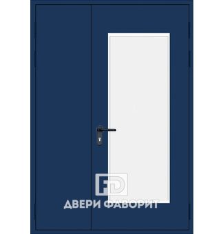 двустворчатая противопожарная дверь со стеклом, окрашена синей порошковой краской