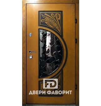 металлическая дверь для коттеджа со стеклом и ковкой, отделанная мдф