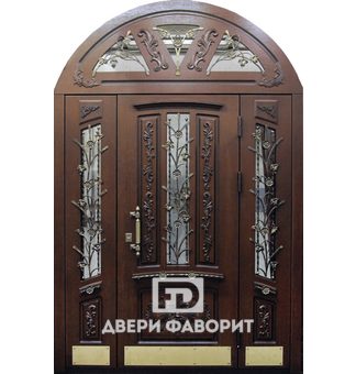 арочная парадная дверь (терморазрыв) с ковкой и стеклом